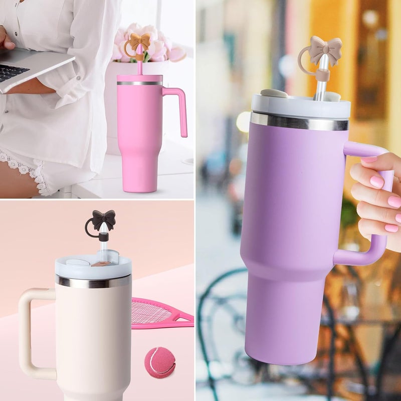 linmaya 6PCS Bow Straw Toppers, Cute Straws Covers for Stanley 30&40 Oz Tumbler with Handle, 10mm Dust-Proof Reusable Straw Toppers Accessories for Girls Kids (Black Brown Coffee) - Image 2